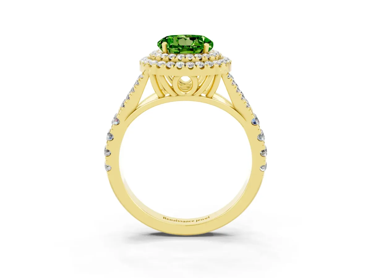 Round Cut Peridot Double Halo Ring with Split Shank and Prong Setting Yellow gold