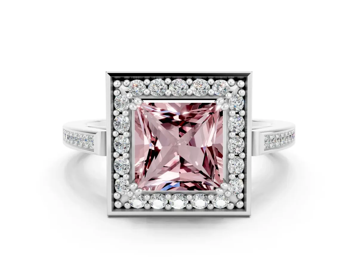 Princess Cut Morganite Halo Ring with Split Shank and Four-Prong Setting Platinum