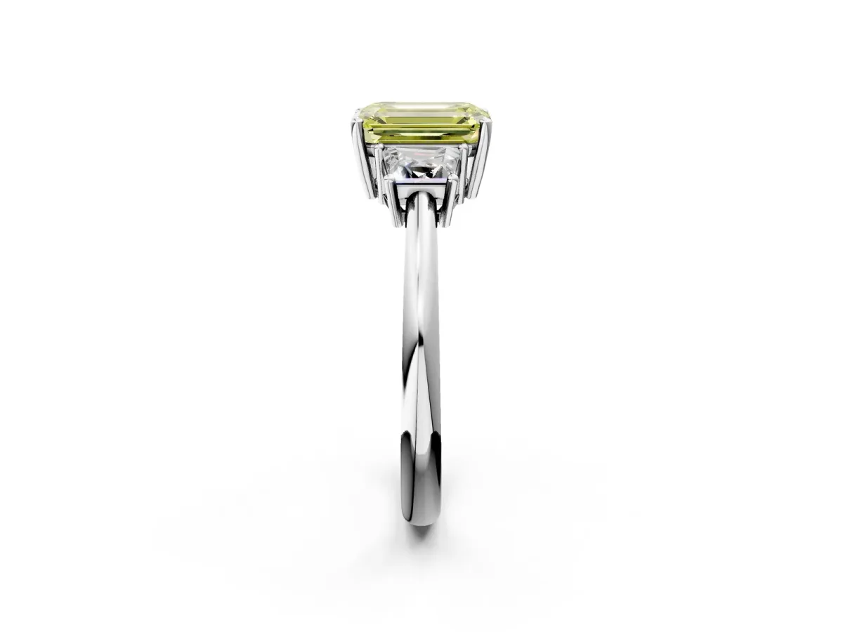 Fancy Yellow Emerald Cut Diamond Three-Stone Ring with Trapezoid Side Stones and Prong Setting Silver
