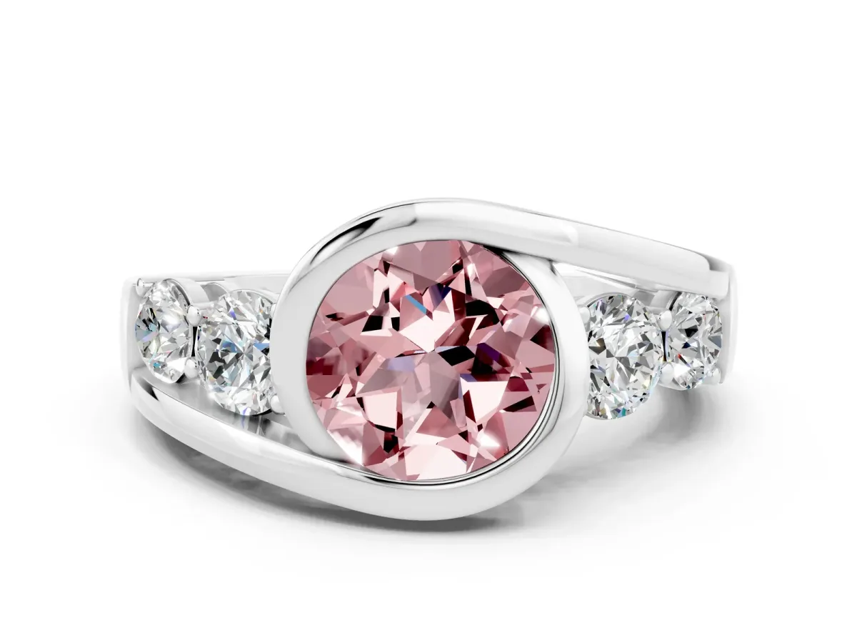Bezel Set Round Cut Morganite Bypass Ring with Round Accents Silver