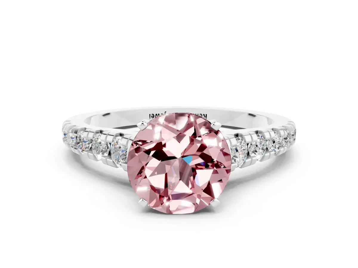 Round Cut Morganite Cathedral Solitaire Ring with Round Pavé Band Platinum