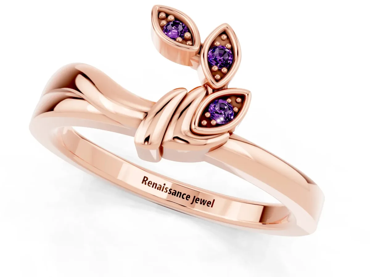 Three-Stone Round Amethyst Leaf Bypass Ring with Bezel Setting Rose gold