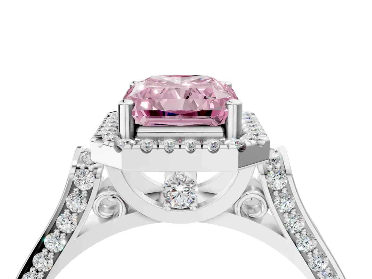 Fancy Pink Radiant Cut Halo Pave Split Shank Prong Setting Ring Platinum