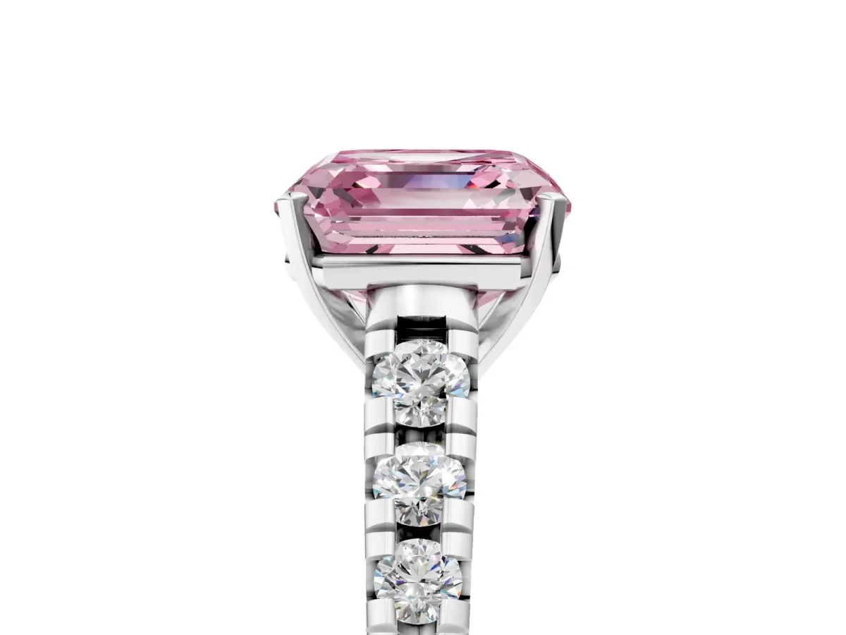 Fancy Pink Asscher Cut Diamond Cathedral Solitaire Ring with Round Pavé Band Silver