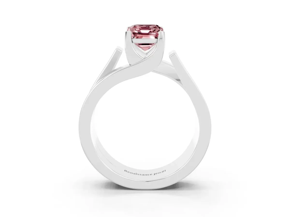 Modern Tension Set Emerald Cut Morganite Solitaire Wide Band Ring Platinum