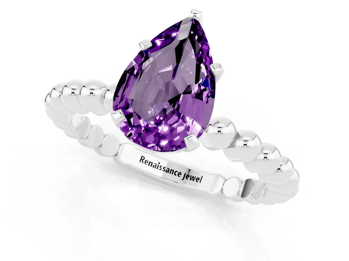 Pear Cut Amethyst Solitaire Ring with Beaded Band and Prong Setting White gold