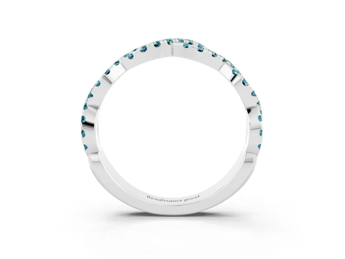 Round Blue Topaz Twisted Eternity Band with Pavé and Shared Prong Setting Platinum
