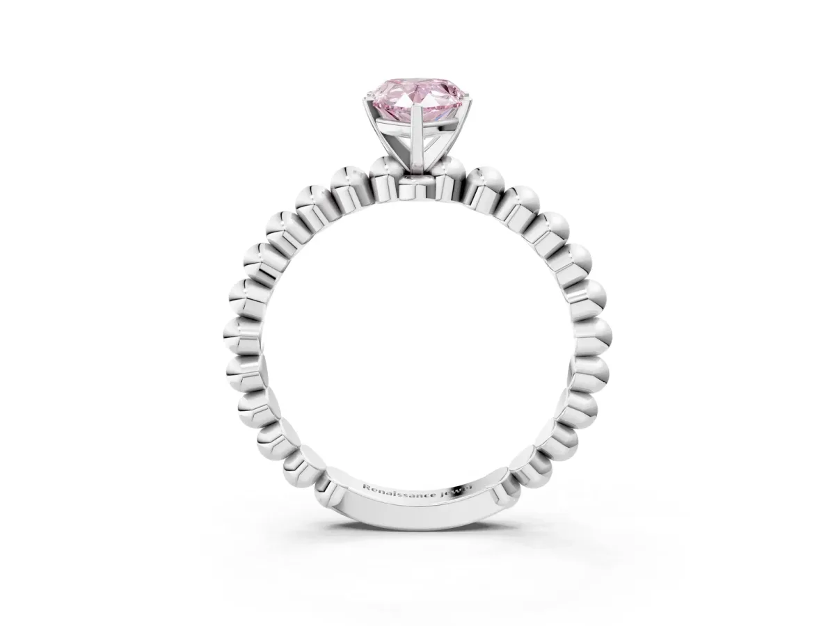 Fancy Pink Pear Cut Diamond Solitaire Ring with Beaded Band and Prong Setting Platinum