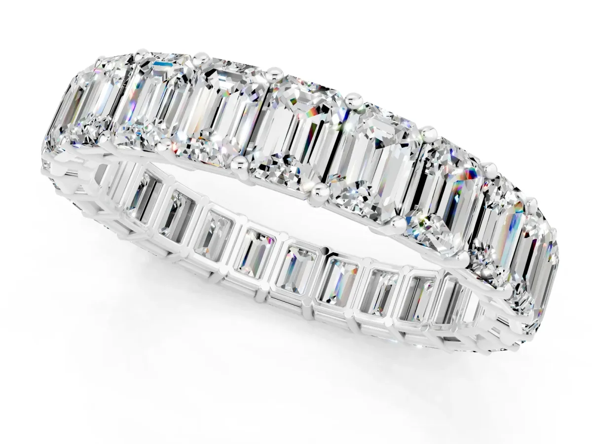 Emerald Cut Moissanite Eternity Band with Shared Prong Setting Silver