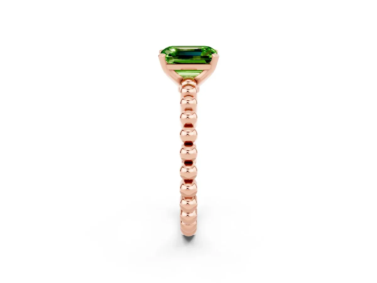 Emerald Cut Peridot Solitaire Ring with Beaded Band and Prong Setting Rose gold