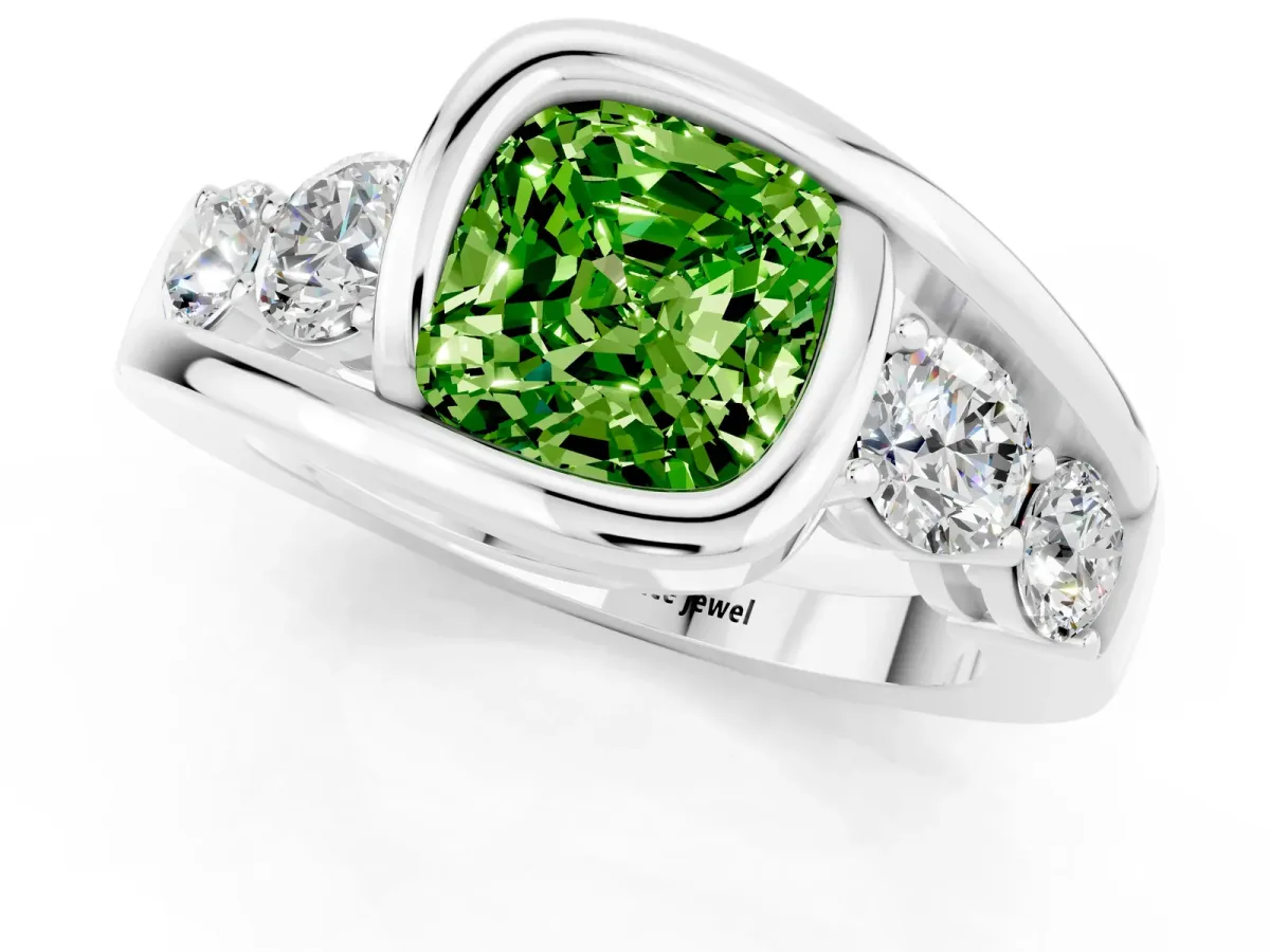 Bezel Set Cushion Cut Peridot Bypass Ring with Round Accents Platinum