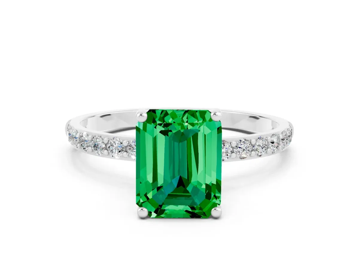 Emerald Cut Emerald Solitaire Ring with Round Pavé Band and Prong Setting Platinum