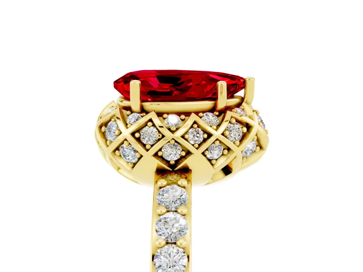 Pear Cut Ruby Scalloped Halo Engagement Ring with Round Shared Prong Band Yellow gold