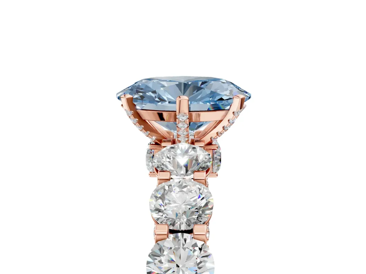 Fancy Blue Oval Cut Diamond Side Stone Engagement Ring with Four-Prong Setting Rose gold