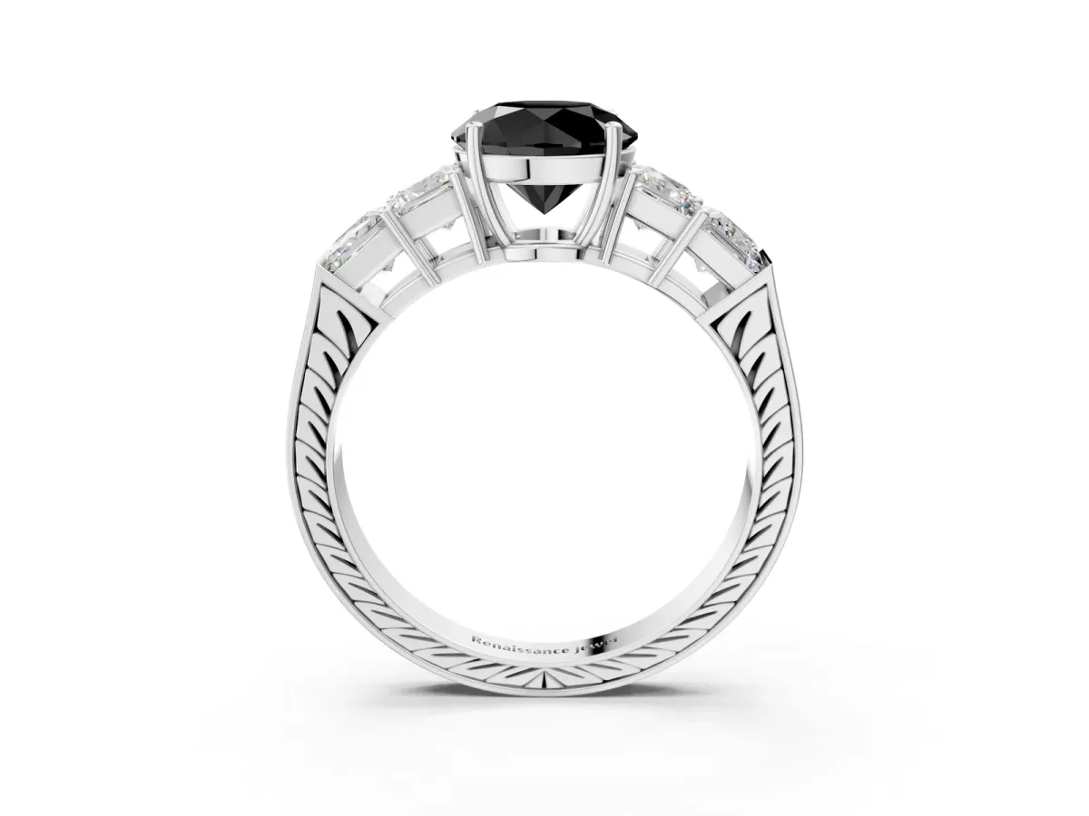 Fancy Black Round Cut Solitaire Princess Side Stone Engraved Band Prong Setting Ring Silver