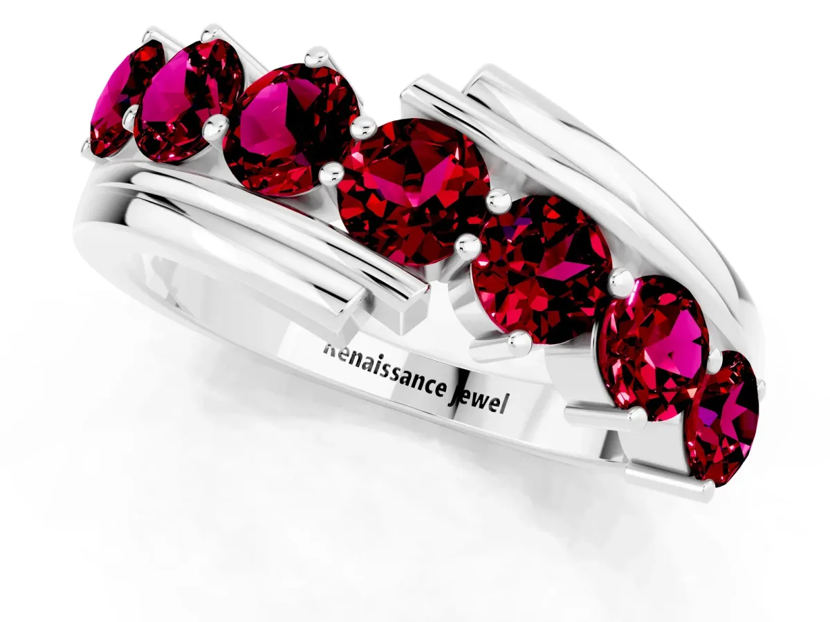 Round Garnet Wave Band with Channel and Shared Prong Setting Silver