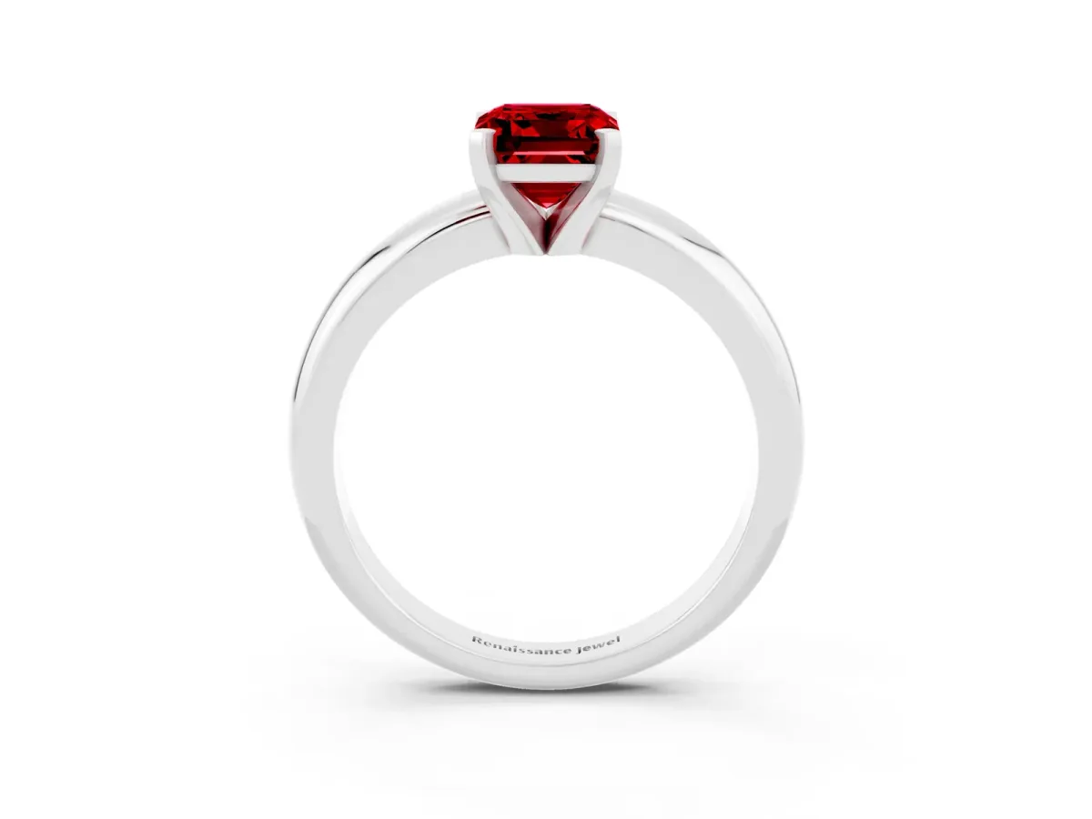 Emerald Cut Ruby Solitaire Engagement Ring with Round Band and Four-Prong Setting Silver