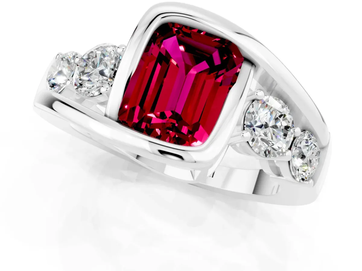 Bezel Set Emerald Cut Garnet Bypass Ring with Round Accents Platinum