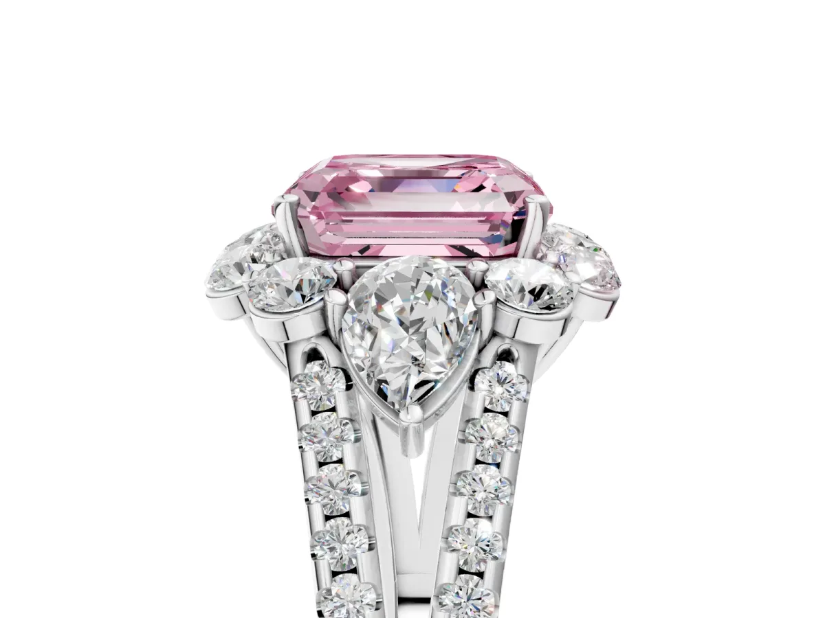Fancy Pink Asscher Cut Halo Split Shank Diamond Engagement Ring with Prong Setting Platinum