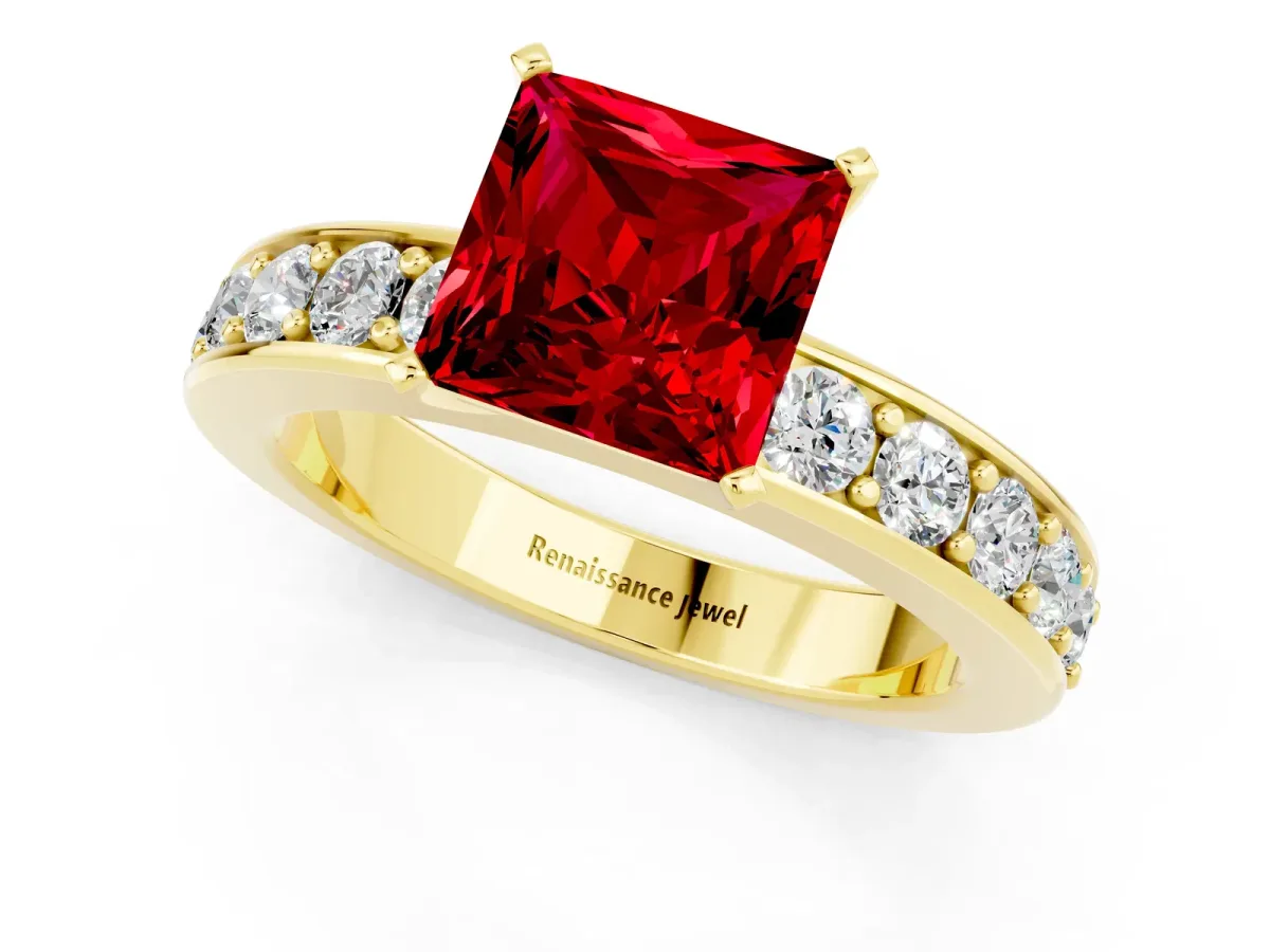Princess Cut Ruby Engagement Ring with Channel Set Round Band and Prong Setting Yellow gold