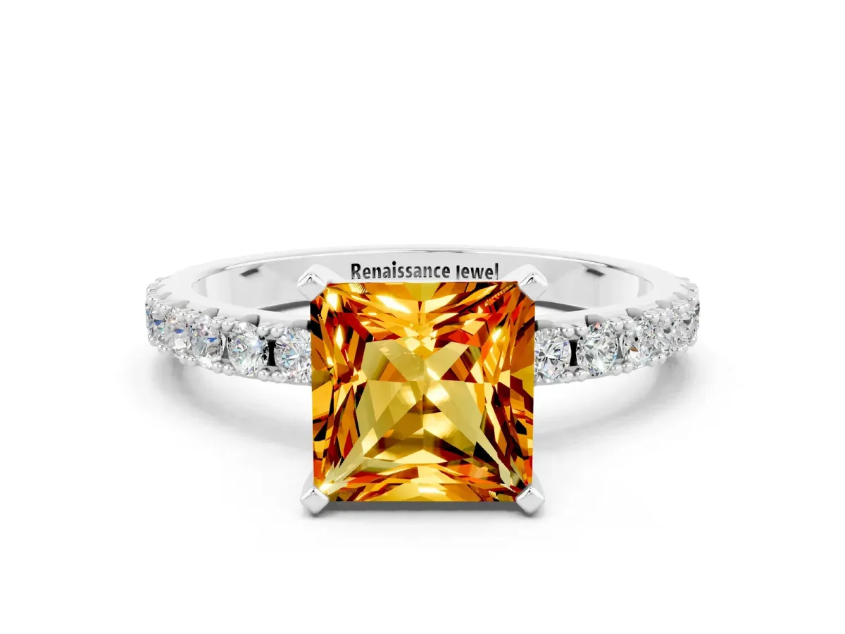Princess Cut Citrine Solitaire Pavé Band with Four-Prong Setting Silver