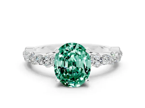 Oval Cut Green Sapphire Side Stone Solitaire Ring with Round and Four-Prong Setting White gold