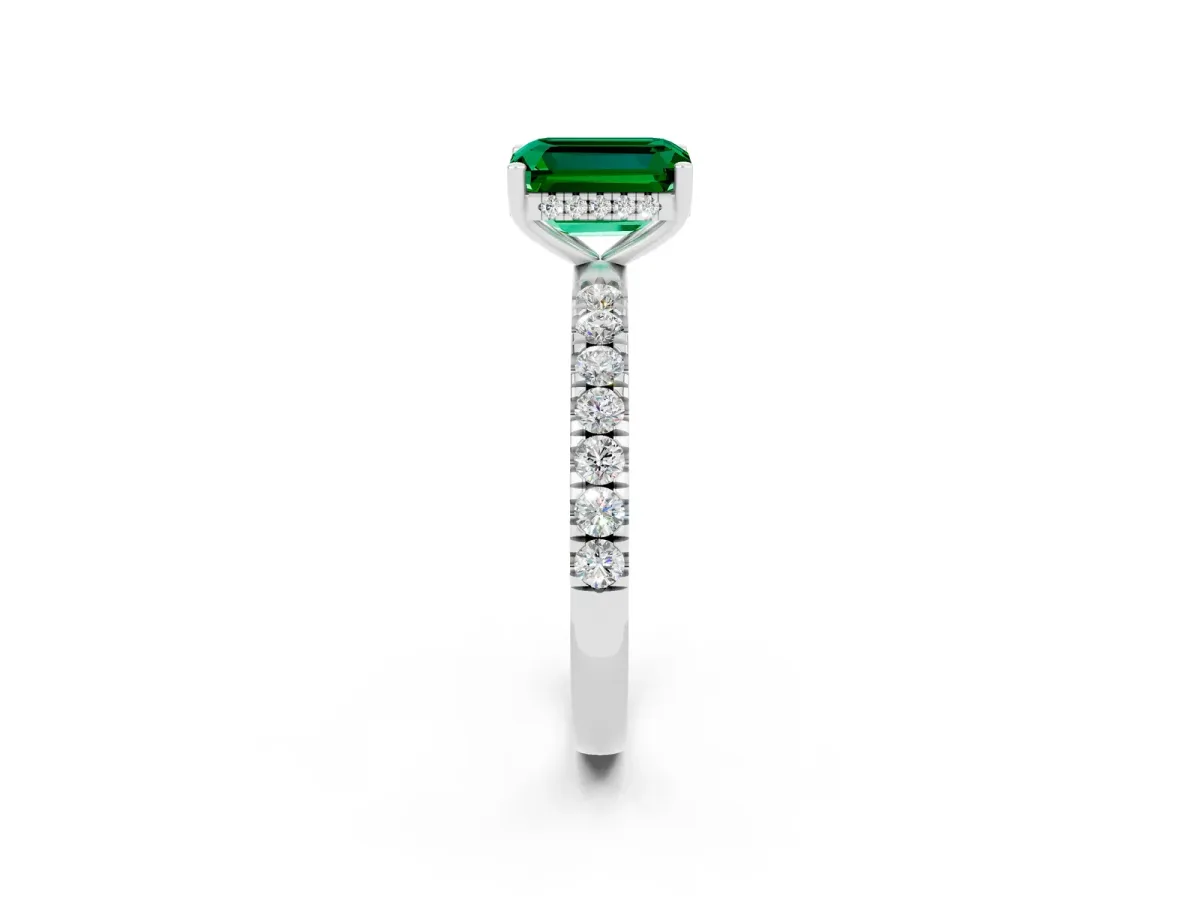 Emerald Cut Emerald Pave Band Solitaire Ring with Round and Prong Setting Platinum