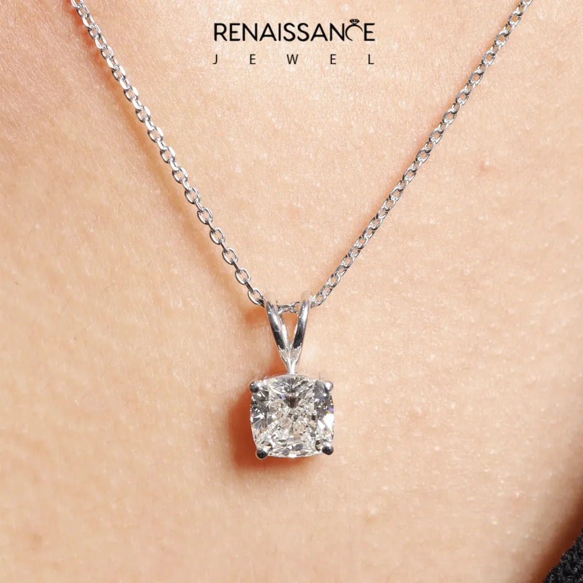 Cushion Solitaire Diamond Prong Pendant Silver