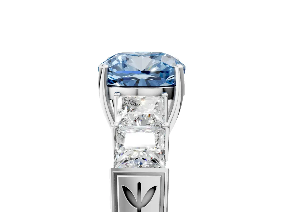 Fancy Blue Cushion Cut Solitaire Princess Side Stone Engraved Band Prong Setting Ring Platinum