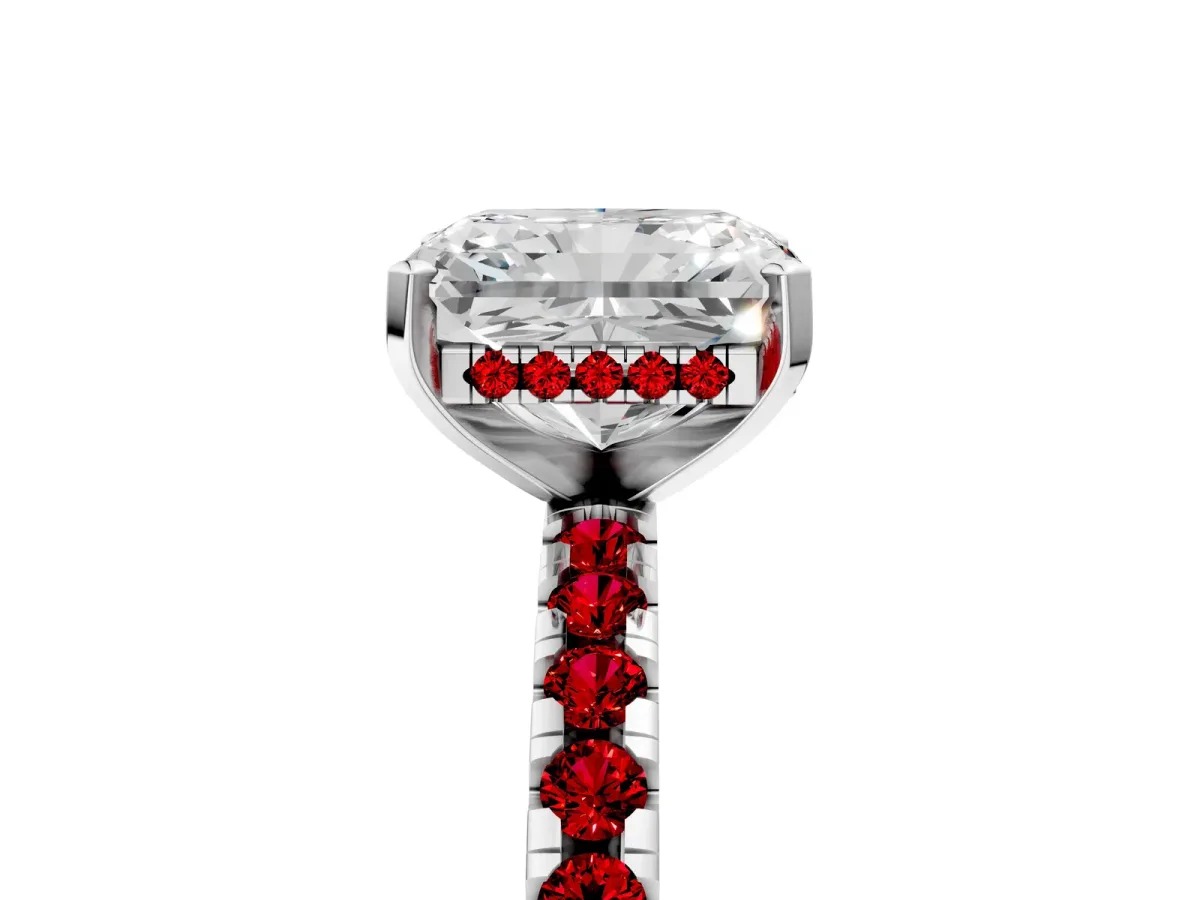 Radiant Cut Diamond Solitaire Ring with Round Ruby Pavé Band and Four-Prong Setting Silver