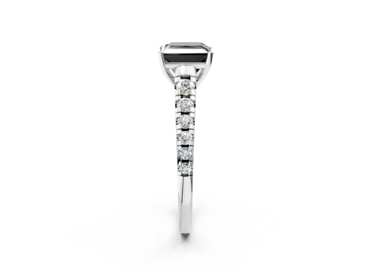 Fancy Black Princess Cut Diamond Cathedral Solitaire Ring with Round Pavé Band Silver