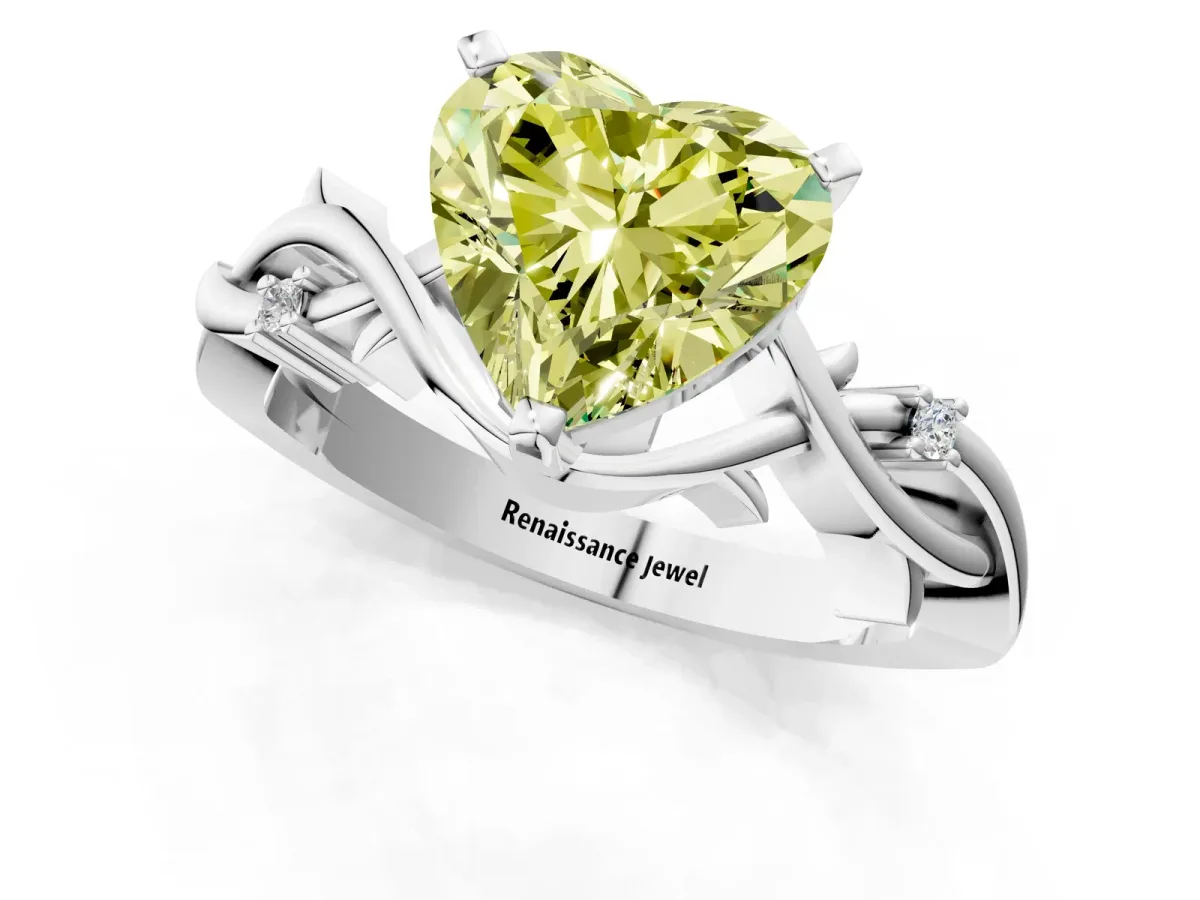 Fancy Yellow Heart Cut Diamond Solitaire Ring with Twisted Band and Prong Setting Silver