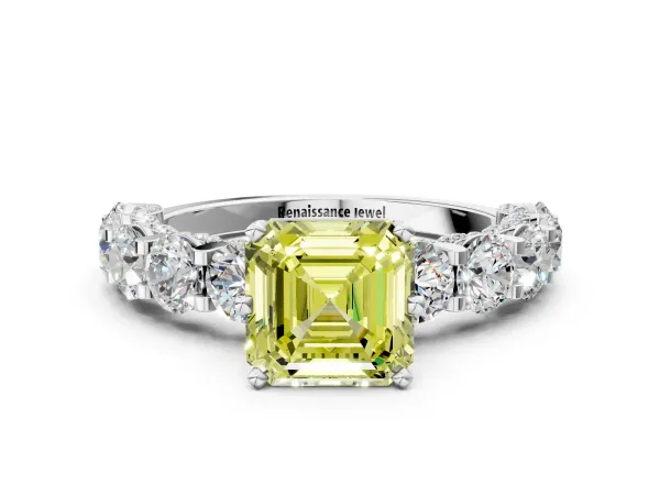 Fancy Yellow Asscher Cut Diamond Side Stone Engagement Ring with Four-Prong Setting Platinum