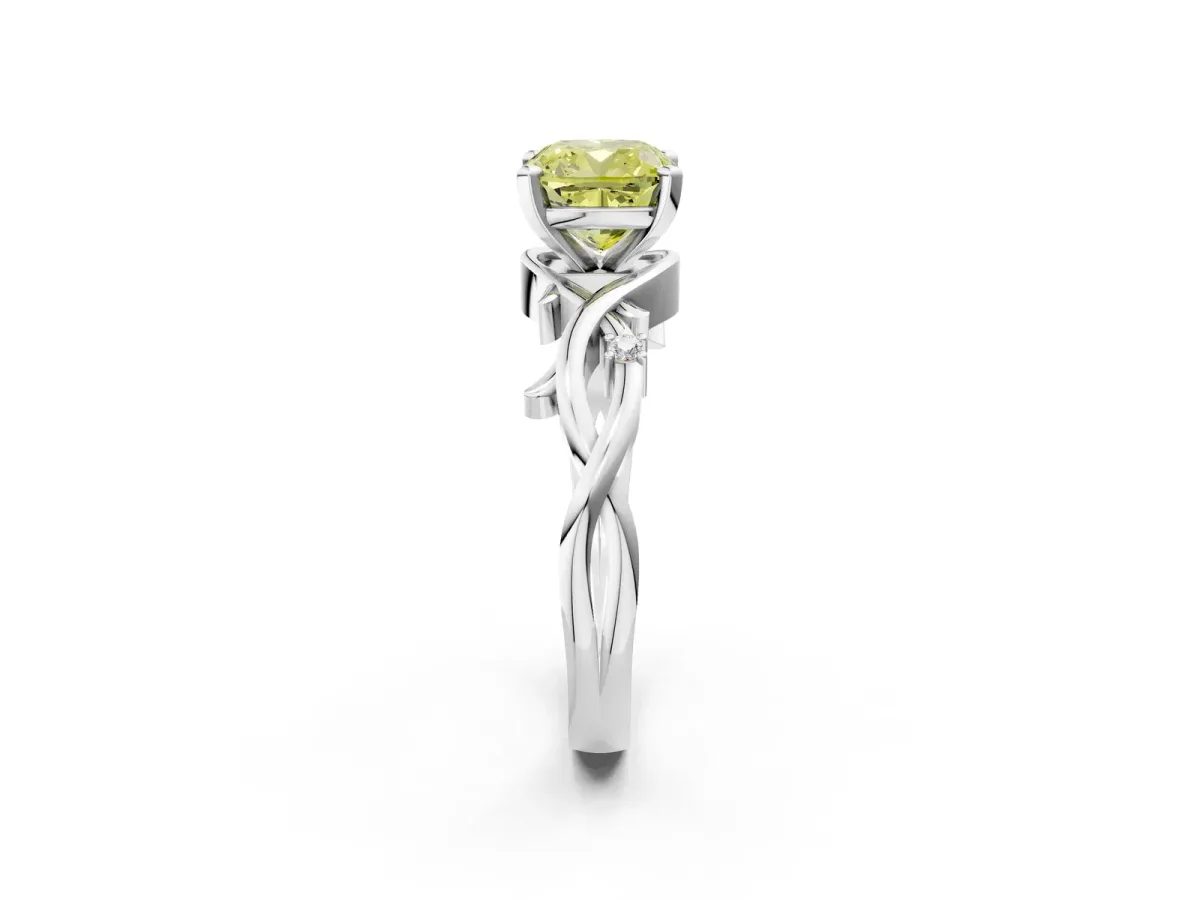 Fancy Yellow Cushion Cut Diamond Solitaire Ring with Twisted Band and Prong Setting Platinum