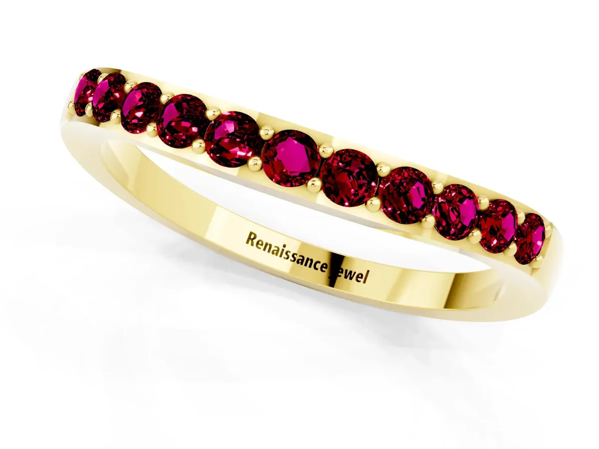 Round Garnet Curved Wedding Band with Channel Setting Yellow gold