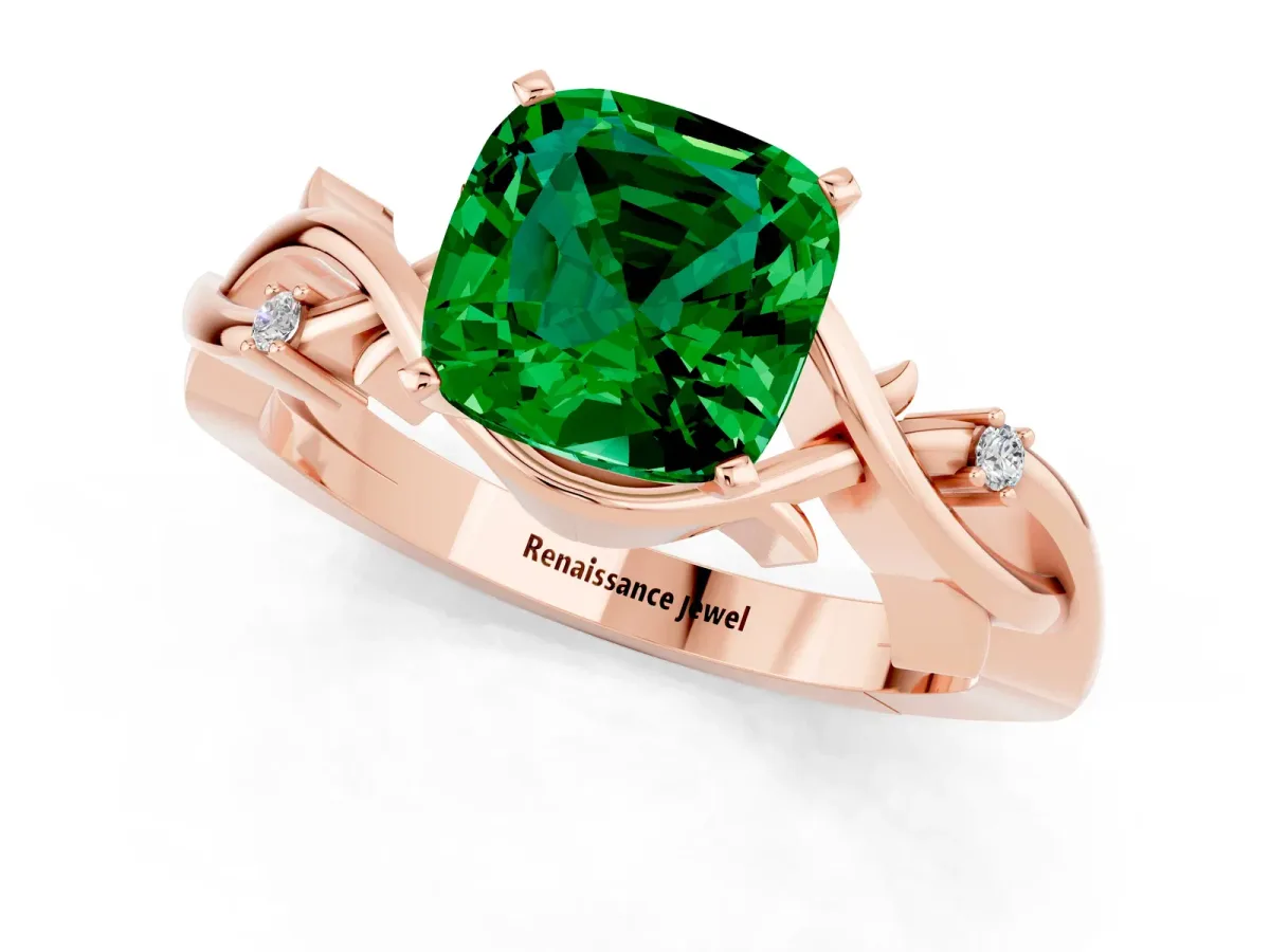 Cushion Cut Emerald Solitaire Ring with Twisted Band and Prong Setting Rose gold
