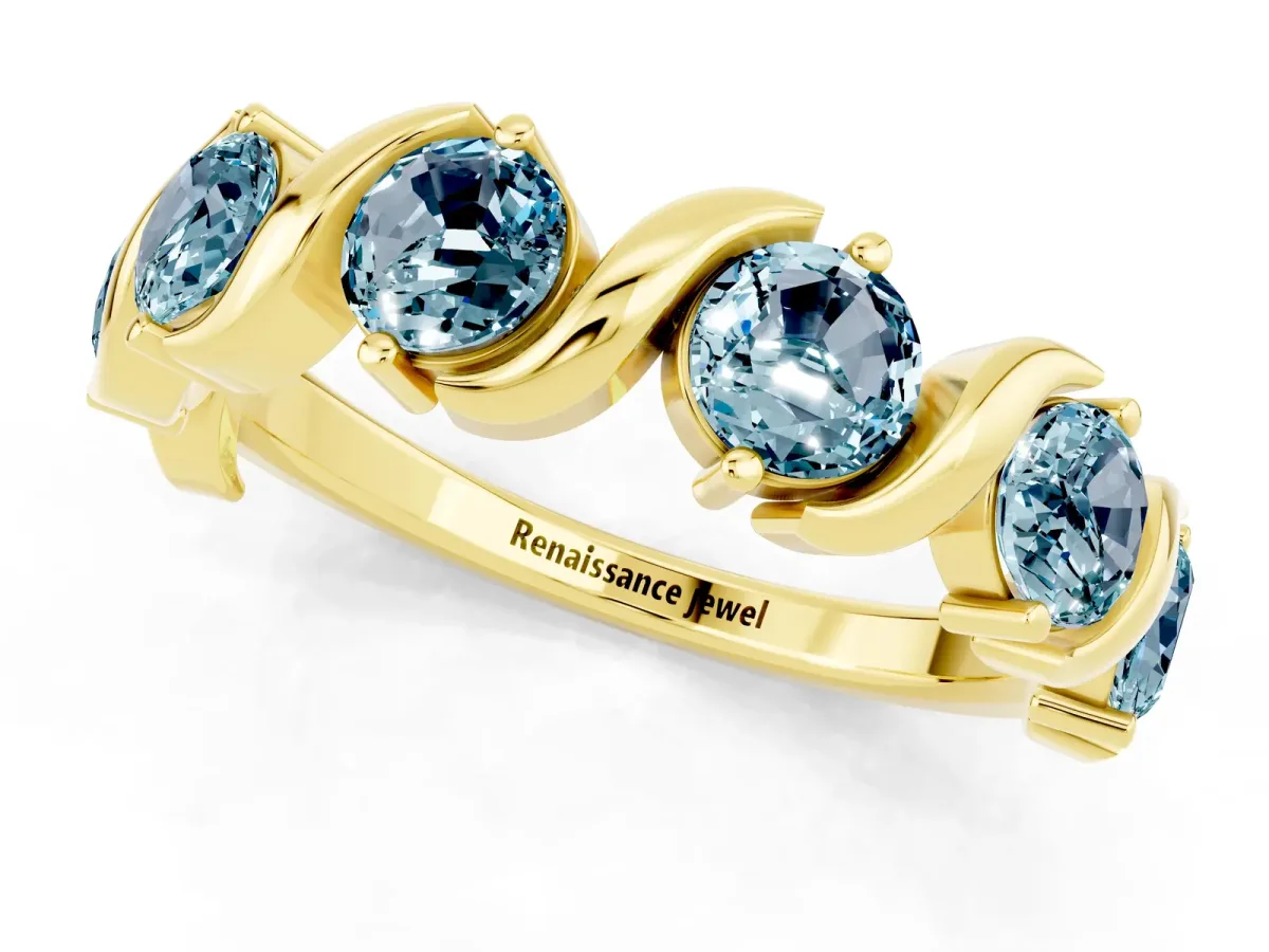 Six-Stone Round Aquamarine Wave Band with Shared Prong Setting Yellow gold