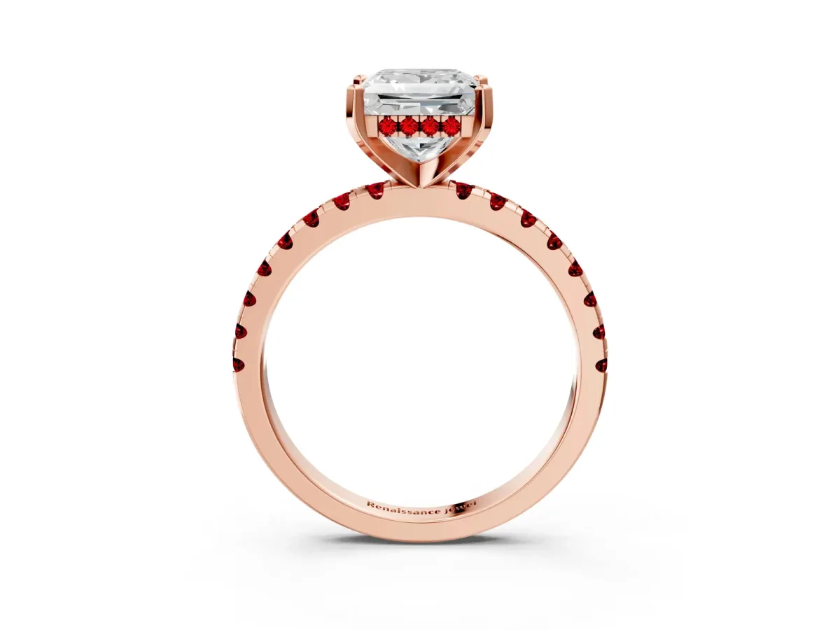 Princess Cut Diamond Solitaire Ring with Round Ruby Pavé Band and Four-Prong Setting Rose gold