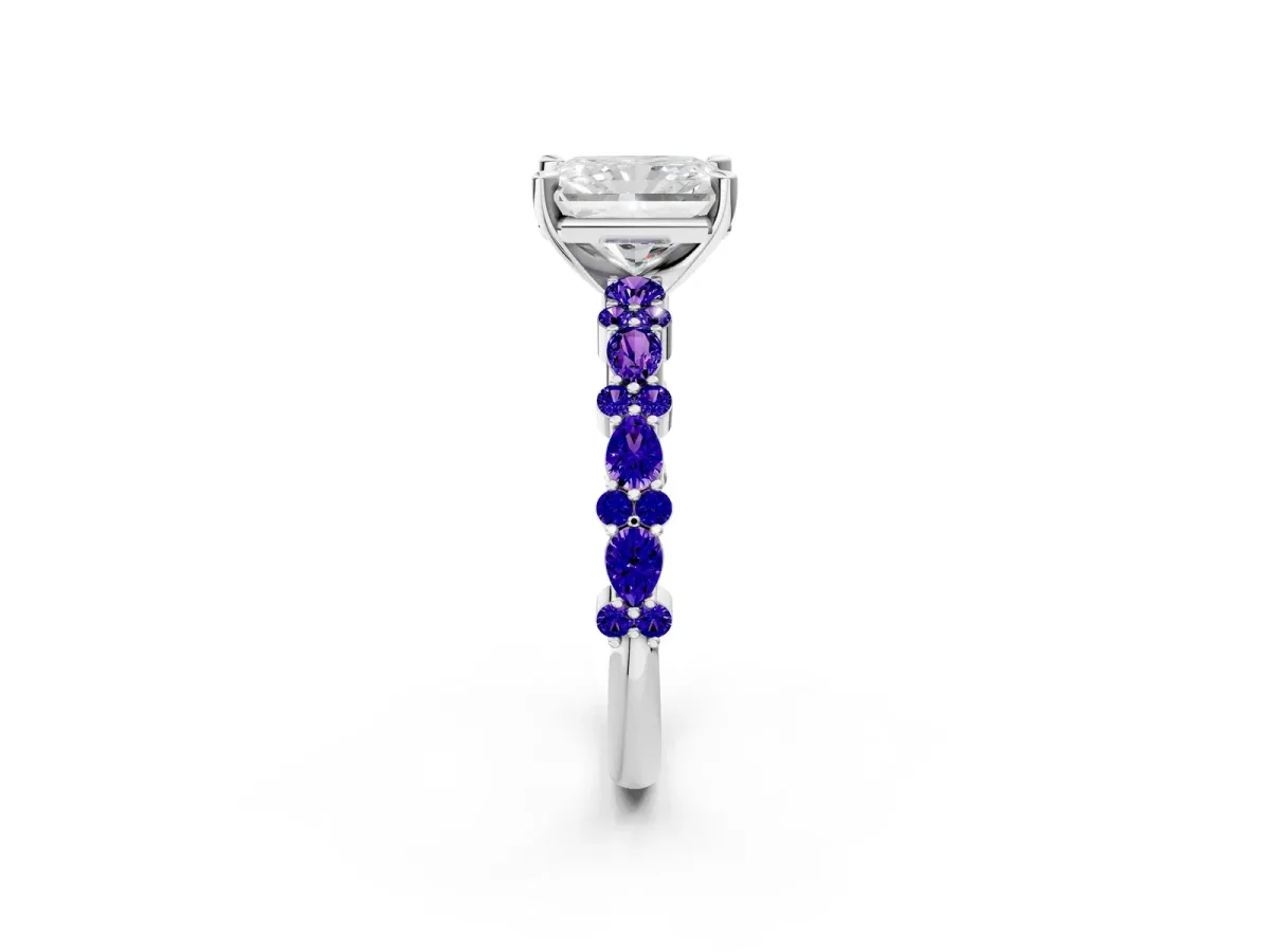 Radiant Cut Diamond Side Stone Solitaire Ring with Round Tanzanite and Four-Prong Setting Silver