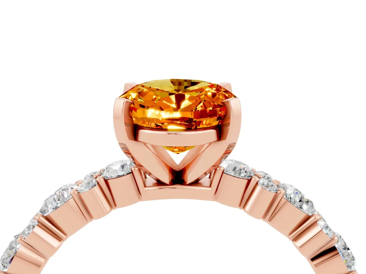 Oval Cut Citrine Side Stone Solitaire Ring with Round and Four-Prong Setting Rose gold