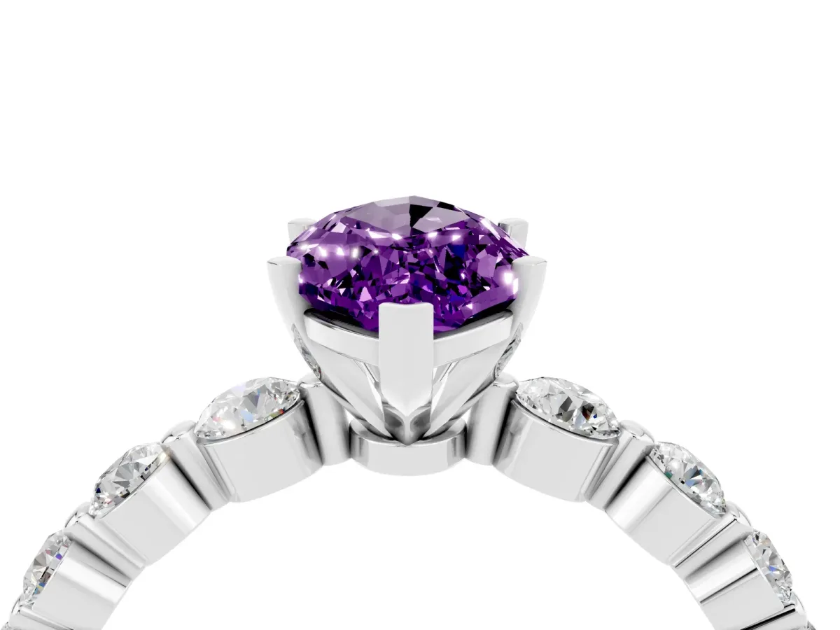 Marquise Cut Solitaire Amethyst Ring with Pave Band and Four-Prong Setting Silver