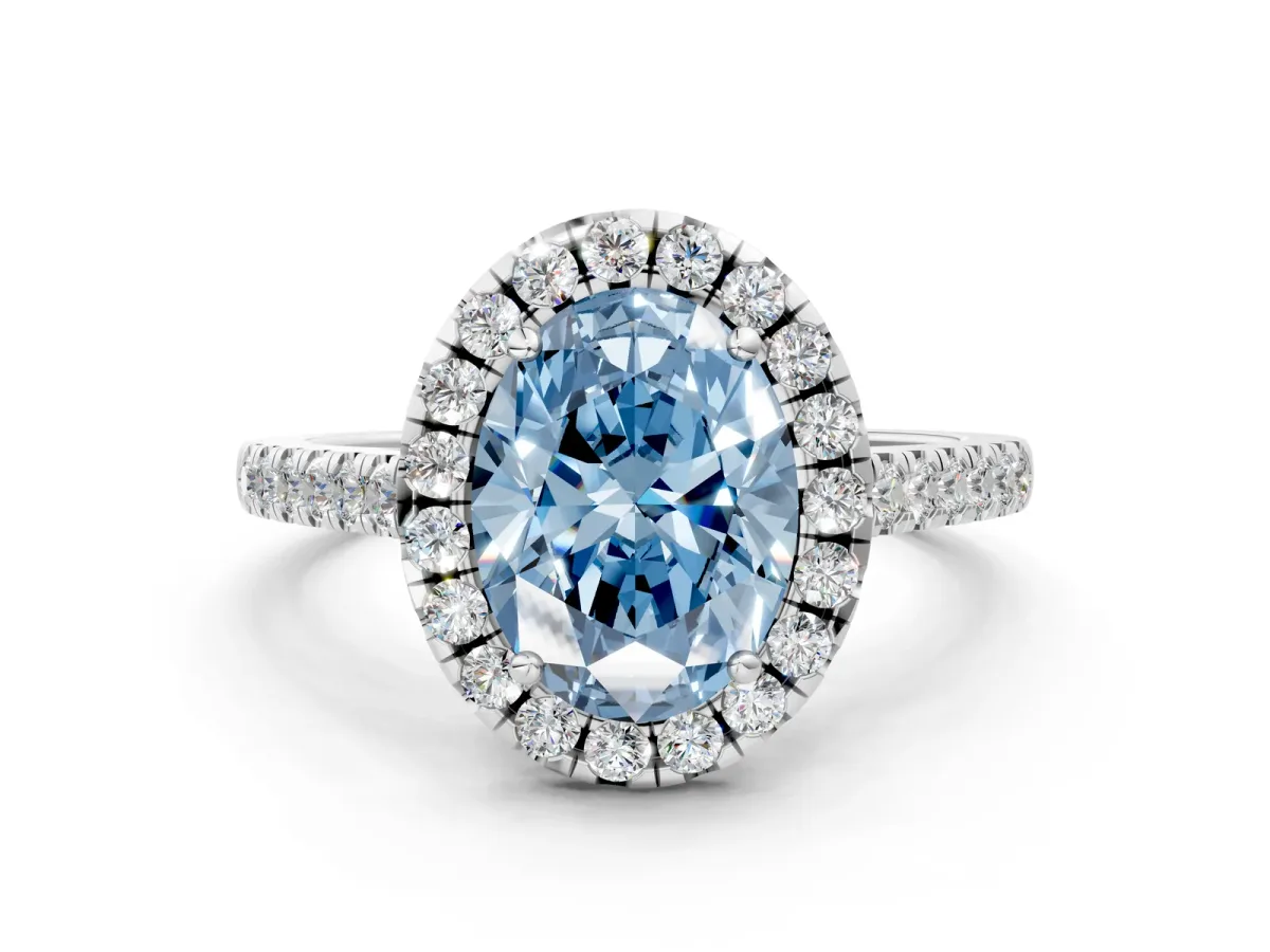 Fancy Blue Oval Cut Halo Pavé Diamond Engagement Ring with Four-Prong Setting Silver