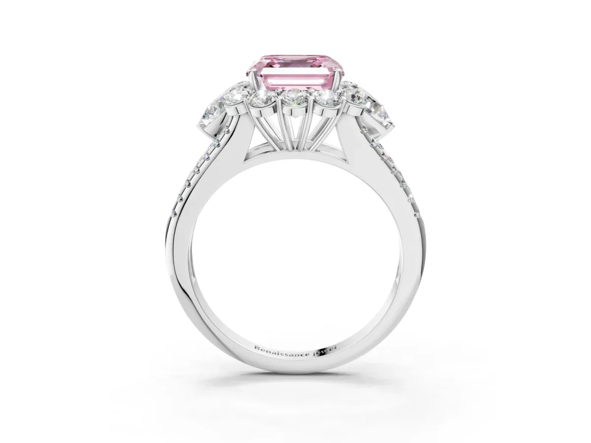 Fancy Pink Asscher Cut Halo Split Shank Diamond Engagement Ring with Prong Setting Platinum