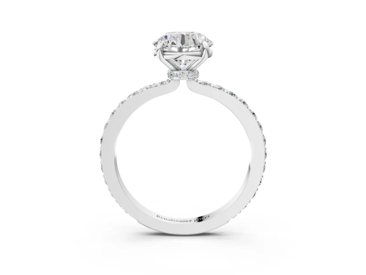 Round Cut Diamond Solitaire Engagement Ring with Pavé Band and Four-Prong Setting Silver