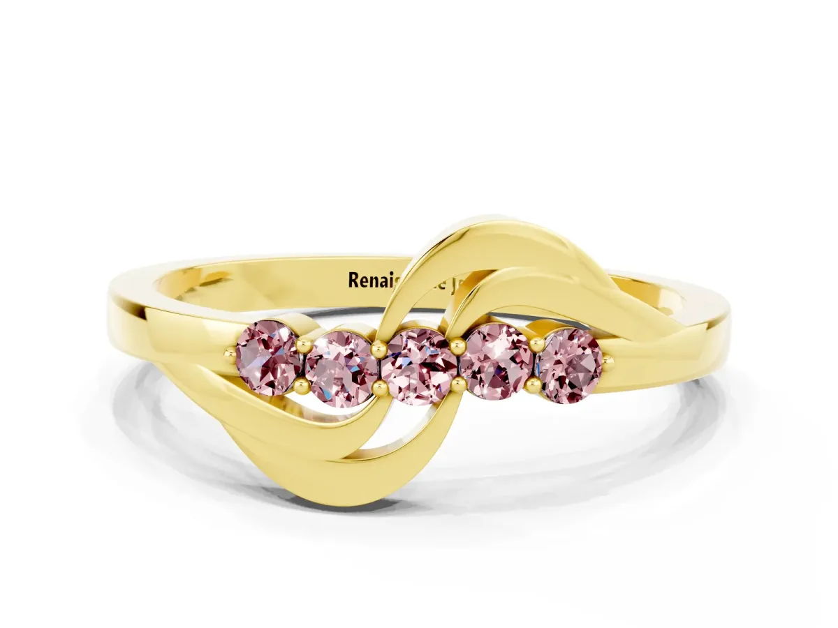 Five-Stone Round Morganite Crossover Band with Prong Setting Yellow gold