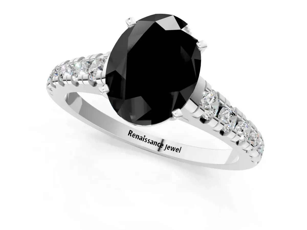 Fancy Black Oval Cut Diamond Cathedral Solitaire Ring with Round Pavé Band Silver