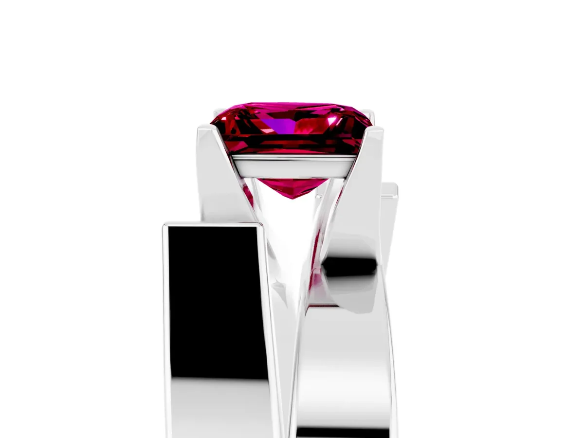 Modern Tension Set Princess Cut Garnet Solitaire Wide Band Ring Silver