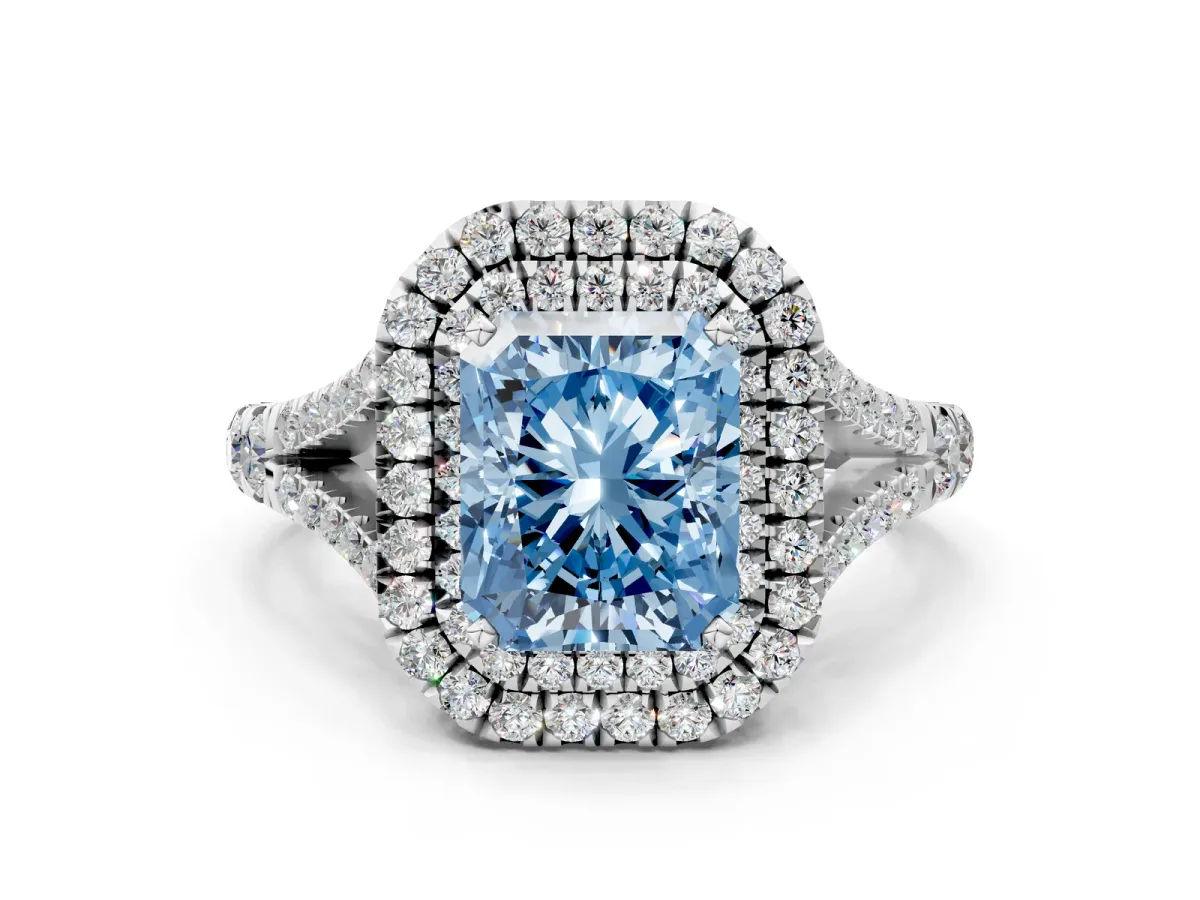 Fancy Blue Radiant Cut Diamond Pavé Split Shank Double Halo Engagement Ring Platinum
