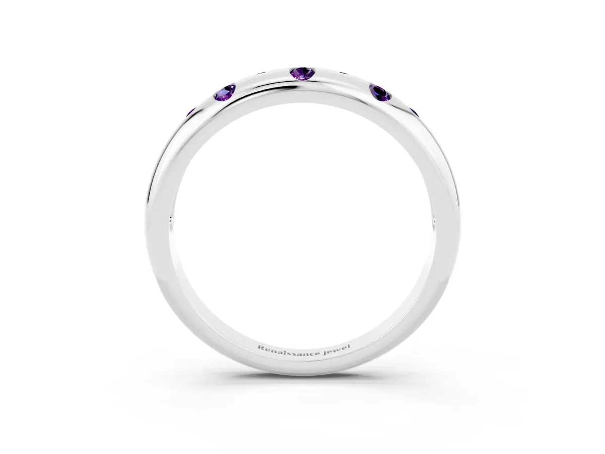 Round Amethyst Flush-Set Comfort Fit Band Platinum