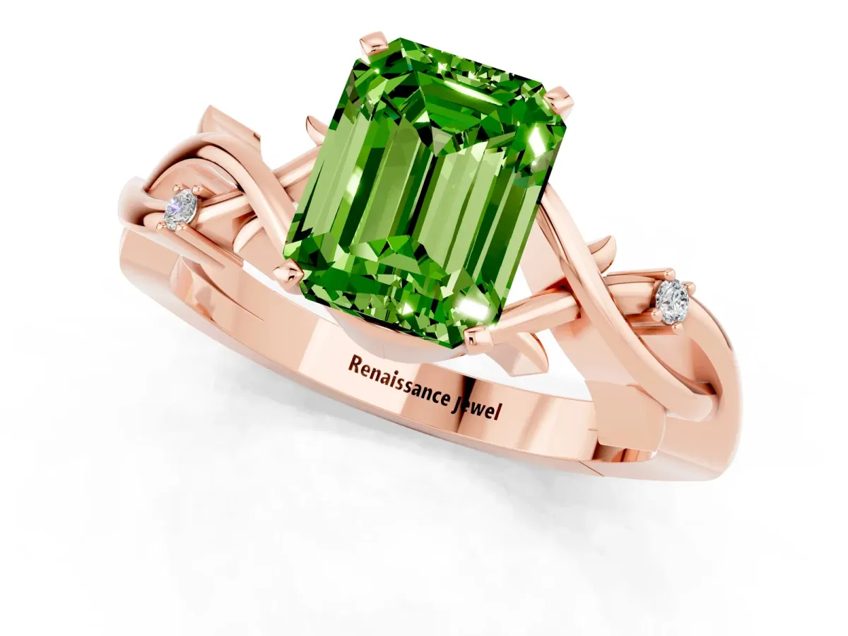 Emerald Cut Peridot Solitaire Ring with Twisted Band and Prong Setting Rose gold
